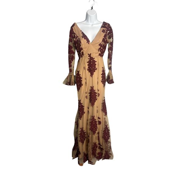 Stunning Burgundy Floral Lace Mesh Long Sleeve Cutout Back Gown Maxi Dress Small - Picture 1 of 8